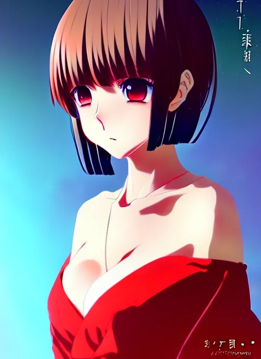 Image similar to anime portrait of nanno as a beautiful woman, medium long bob, straight bangs, wearing red ornate dress, ilya kuvshinov, anime, pixiv top monthly, trending on artstation, cinematic, danbooru, zerochan art, kyoto animation