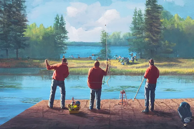 Prompt: mid - thirties guys binge drinking and fishing in front of a lake, in the style of simon stalenhag