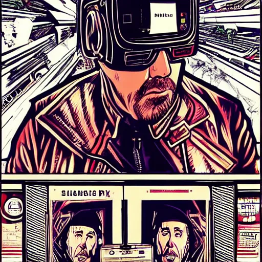 Image similar to Illustrated by Shepard Fairey and H.R. Geiger | Cyberpunk Nicolas Cage with VR helmet, surrounded by cables