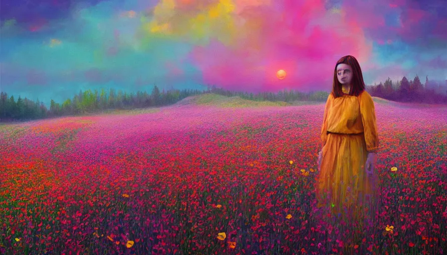 Image similar to girl with a flower face, surreal photography, manipulation, dream, standing in flower field, hills, big trees, sunrise dramatic light, impressionist painting, colorful clouds, digital painting, pointillism, artstation, simon stalenhag, flower