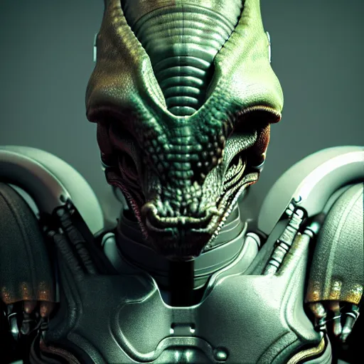 Image similar to portrait of the full body of an alien cyborg dragonborn, photorealistic 3 d octane render, unreal engine, ultra detailed