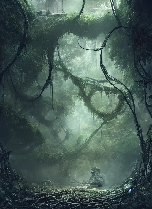 Image similar to decayed aircraft carrier Nimitz laying on the ground of a tropical forest overgrown with vegetation and hanging vines, post appocalyptic, by Luis Royo, by Greg Rutkowski, dark, gritty, intricate, cover illustration, concept art, volumetric lighting, volumetric atmosphere, sharp focus, octane render, trending on artstation, 8k