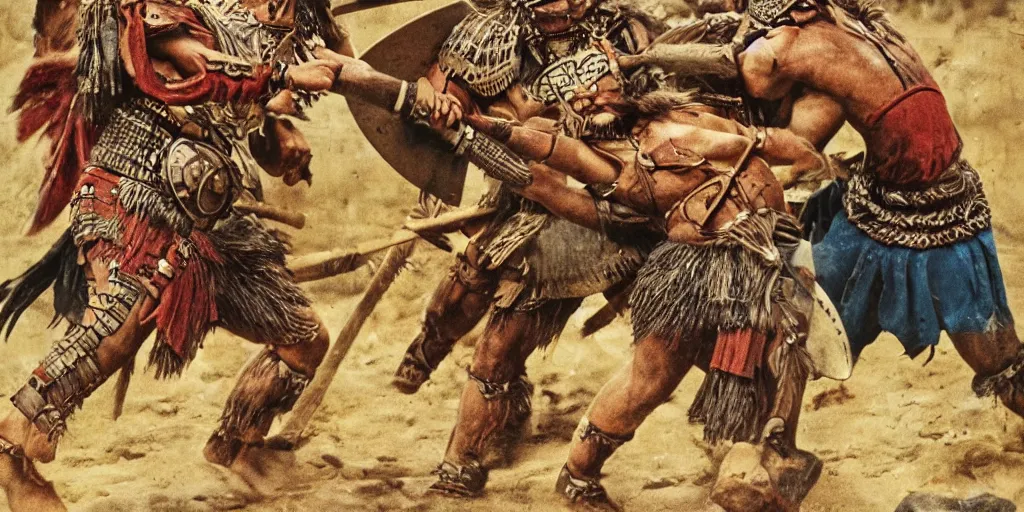Prompt: Aztec Warrior fighting against Viking. Highly detailed, movie scene, dramatic.