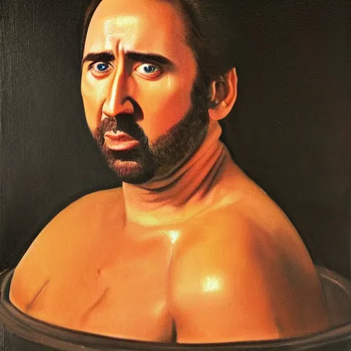 Image similar to highly detailed oil painting of nicolas cage in a banana, 4 k, in the style of caravaggio and dali