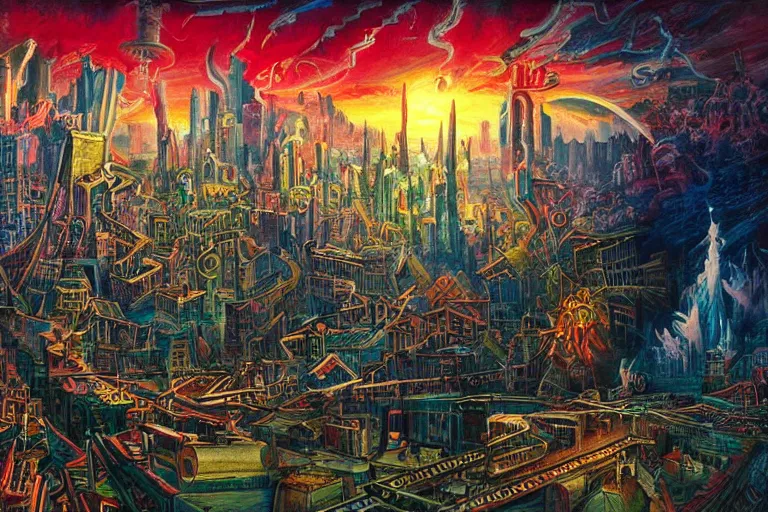 Image similar to miskatonic university big bang cityscape in the style of dr. seuss, illuminati, painting by albert bierstadt