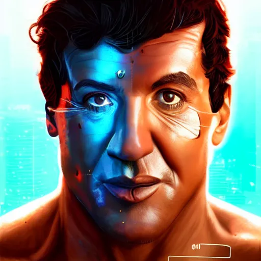 Prompt: portrait of a cyborg sylvester stallone, metallic skin, microchips all over his face, led lights, high technology inplants, mattepainting concept blizzard pixar maya engine on stylized background splash comics global illumination lighting artstation lois van baarle, ilya kuvshinov, rossdraws