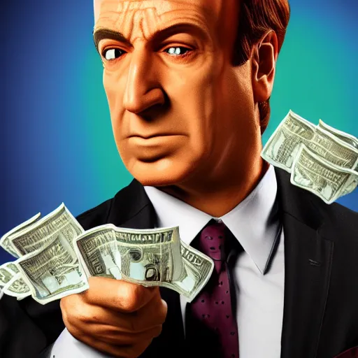 Prompt: multicolor 3 d render of saul goodman holding money by @ hoodass in 4 k ultra high resolution, with depressive feeling