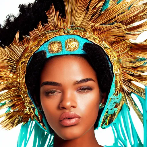 Prompt: Extreme Close up, Portrait of an editorial of an African American, female model with a turquoise ornate helmet mask crown, light pink cloak, turquoise bodysuit, detailed Versace in a gold palm leaves canopy