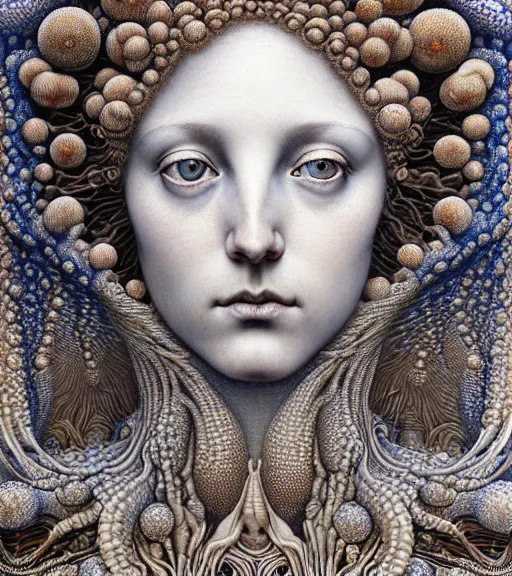 Image similar to detailed realistic beautiful oyster goddess face portrait by jean delville, gustave dore, iris van herpen and marco mazzoni, art forms of nature by ernst haeckel, art nouveau, symbolist, visionary, gothic, neo - gothic, pre - raphaelite, fractal lace, intricate alien botanicals, ai biodiversity, surreality, hyperdetailed ultrasharp octane render