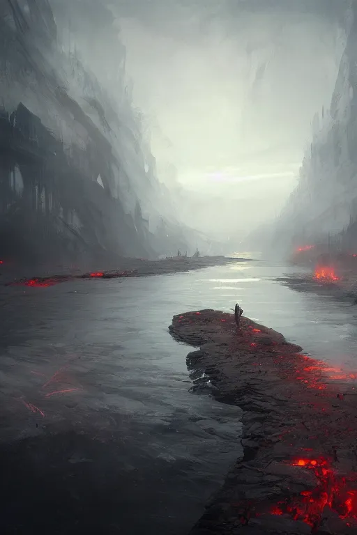 Image similar to bloody river in hell, by greg rutkowski, people walking into the horizon, trending on artstation