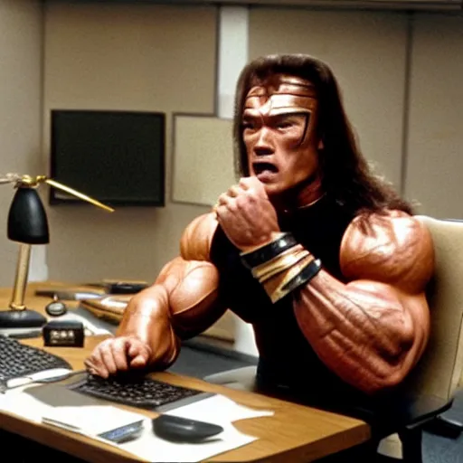 Prompt: arnold schwarzenegger as conan the barbarian sitting at a desk, as an office worker, in an office, inside an office building, sitting at a desk, angrily shouting at a laptop, angry at laptop, laptop computer, computer trouble, technical difficulties, software error, crisp lighting, corporate photography