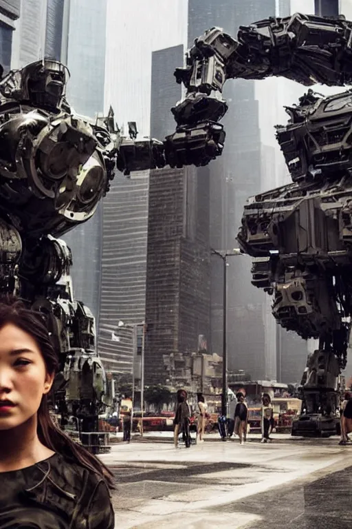 Image similar to portrait cinematography of beautiful young female, clothed in sci-fi military armor, long hair blowing in the wind. Giant mechs in the streets of Hong Kong. by Roger Deakins