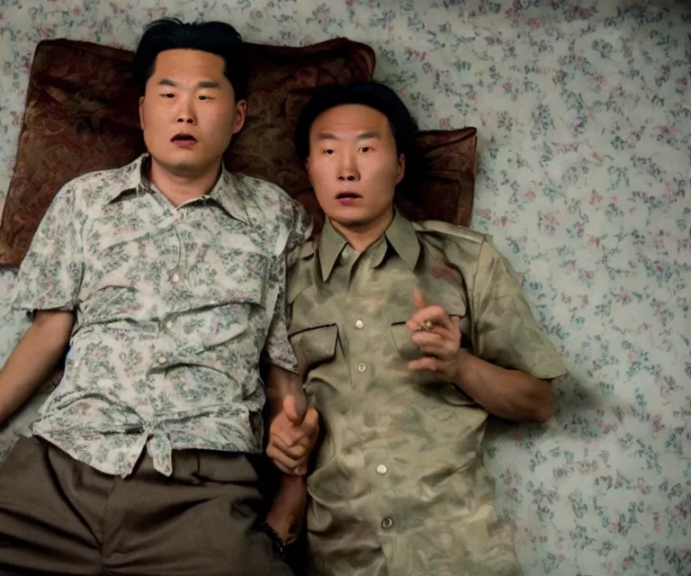 Prompt: hyperralism pineapple express movie still photography of real detailed north korean kim chen with detailed face smoking weed in basement bedroom photography by araki nobuyoshi