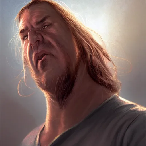 Image similar to portrait of a half fatman half pig with long hair tied in a ponytail, light stubble with red shirt ,digital art,photorealistoc,art by greg rutkowski,hyperdetailed,western comic style,comic,comic style,sharp lineart,professional lighting,deviantart,artstation,trevor henderson,rossdtaws,cinematic,dramatic