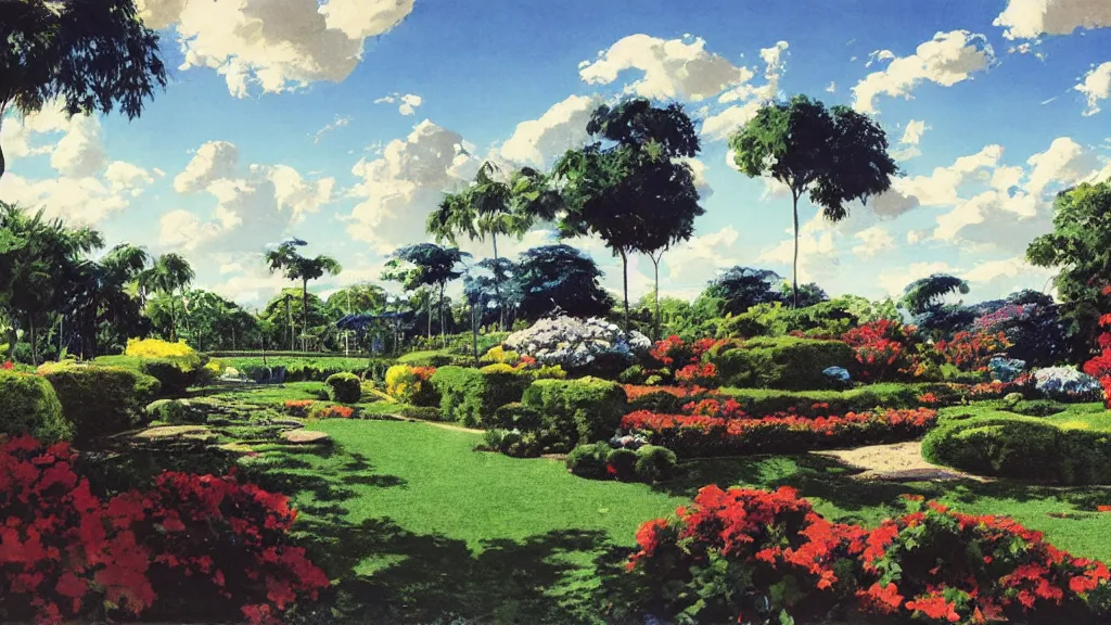 Prompt: an artificial garden with blue skies, landscape, syd mead,