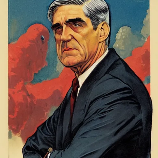 Image similar to soviet propaganda of robert mueller, by j. c. leyendecker, bosch, and beksinski