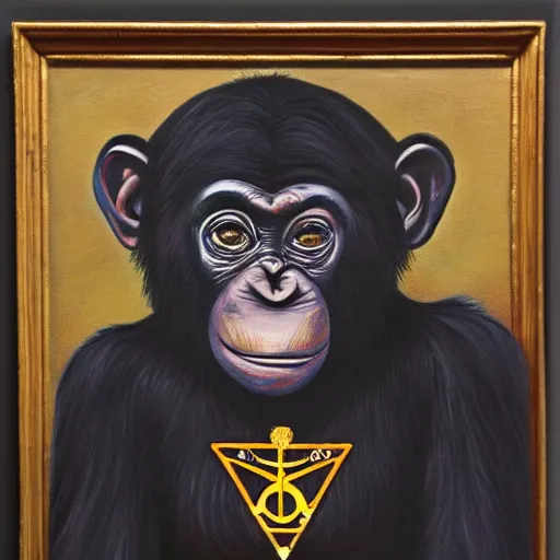 Image similar to portre of an autistic demonic chimpanzee on acid, masonic and kabalistic symbols in background, oil painting