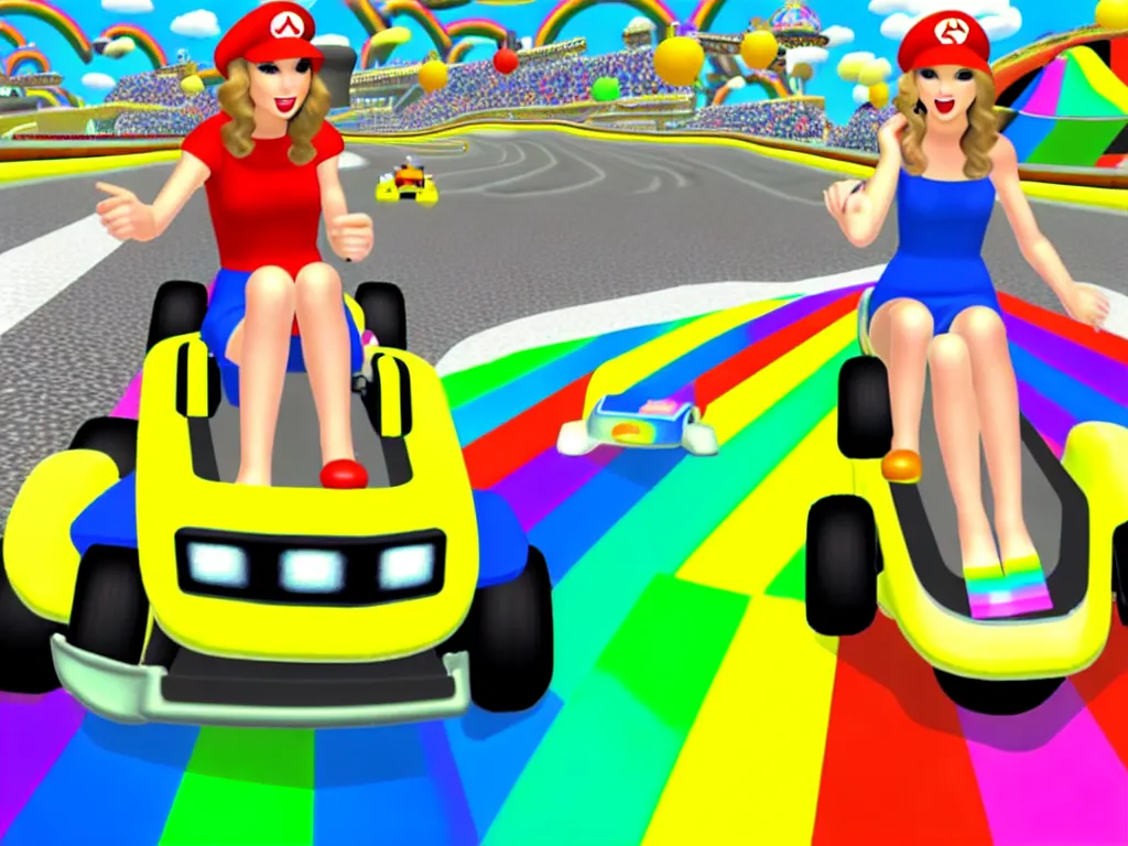 Image similar to taylor swift on rainbow road mario kart wii map retro