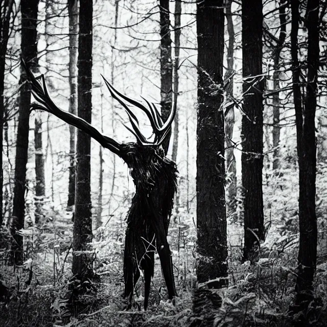 Prompt: bloody wendigo in forest at night, night vision, shot from done, grainy