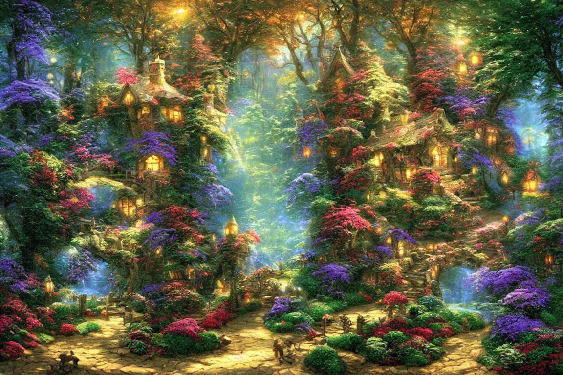 Prompt: fairy tale forest painted by Thomas Kinkade