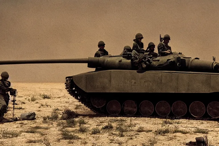 Image similar to soldiers relaxing on a tank, cinematography by Roger Deakins