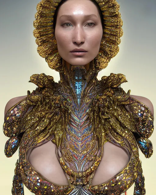 Image similar to a highly detailed metahuman 4 k close up render of an alien goddess bella hadid queen in iris van herpen dress schiaparelli in diamonds crystals swarovski and jewelry iridescent in style of alphonse mucha gustav klimt trending on artstation made in unreal engine 4