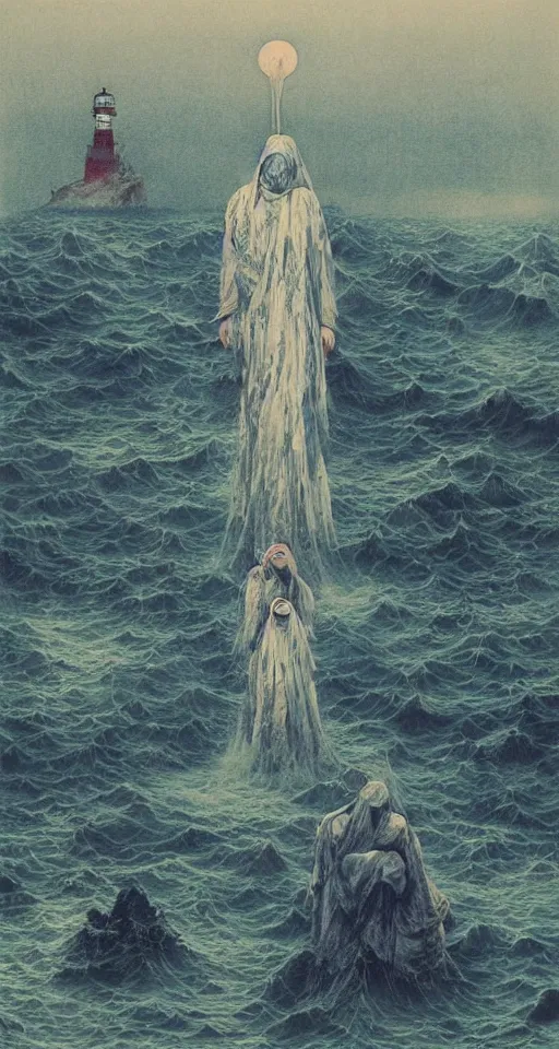 Image similar to worshippers in robes belonging to the cult of the lighthouse standing in the water, a lighthouse, high detailed beksinski painting, part by adrian ghenie and gerhard richter. art by takato yamamoto. masterpiece, deep colours, blue