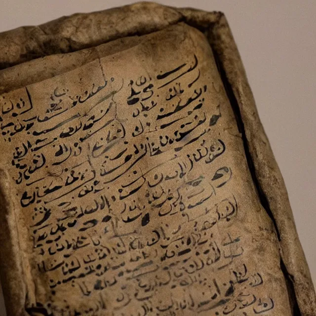 Prompt: a photo of an ancient scroll with thamudic writing beside a cylindrical clay jar on display in a glass case