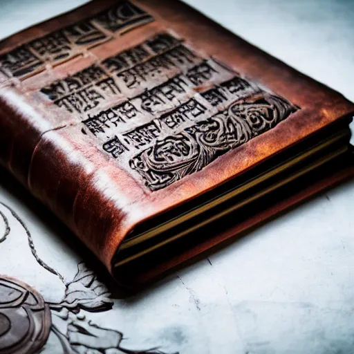 Prompt: a medium shot of a book sitting on a crowed desk, the book is closed, the cover is ornately carved leather, beside the book is an ancient scroll, dark, single light, vignette, magic, fantasy, 4 k