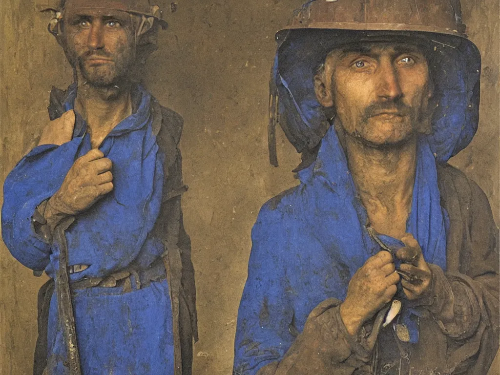 Image similar to portrait of a miner in the coal mines. Lapis lazuli. Painting by Jan van Eyck, August Sander.