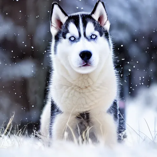 Prompt: A husky puppy with heterochromia , snowy environment, detailed close-up, 4k photo