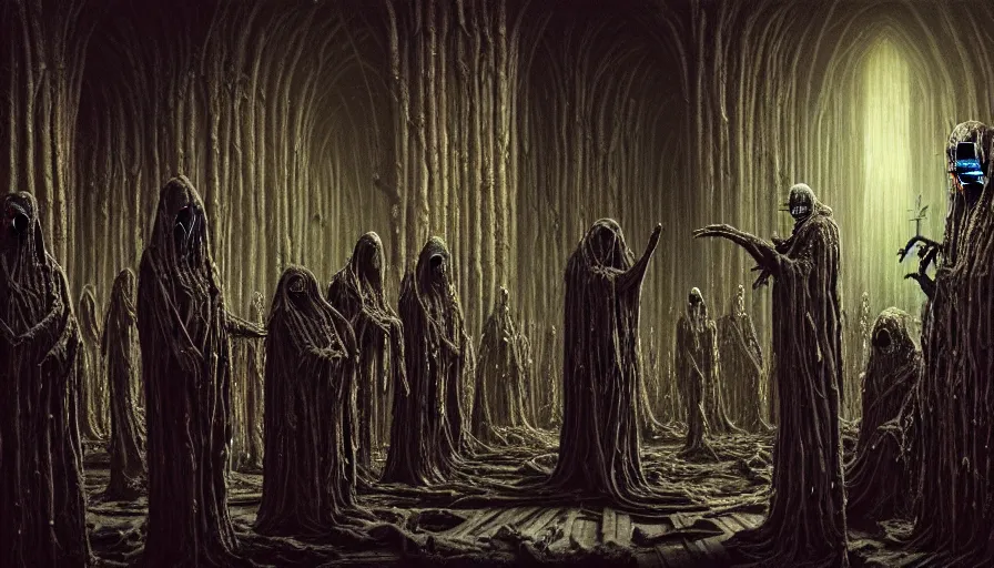 Image similar to a dark rotting alien priest conducts a ceremony, alien church, blood, crosses, religion, death, fear, horror, ultra realistic, hyperrealism, fine details, detailed and intricate environment, by barlowe, by wayne, by gigger, 4 k