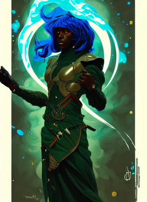 Image similar to style artgerm, joshua middleton, illustration, wesley snipes as a warrior monk wearing green pelt light armor, blue hair, swirling water cosmos, fantasy, dnd, cinematic lighting