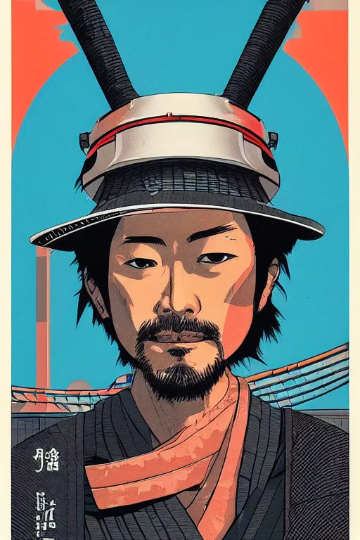 Image similar to 1 9 7 9 omni magazine cover of hiroyuki sanada in a samurai hat. simple stylized cyberpunk photo by josan gonzalez.