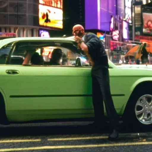 Prompt: walter white as incredible hulk throwing a car in time square