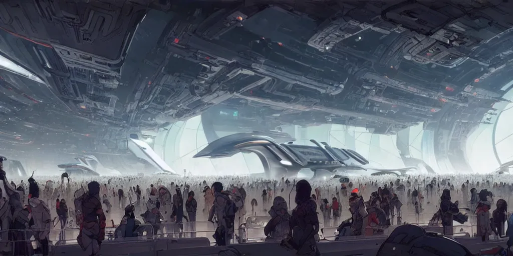 Image similar to the interior of a futuristic spaceport, large crowd of people in the foreground, by kim jung gi and greg rutkowski, rule of thirds