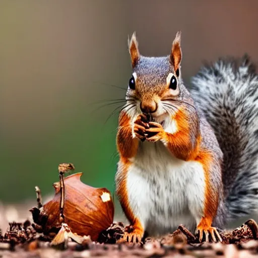 Image similar to A squirrel with a helmet made of acorn, real photo