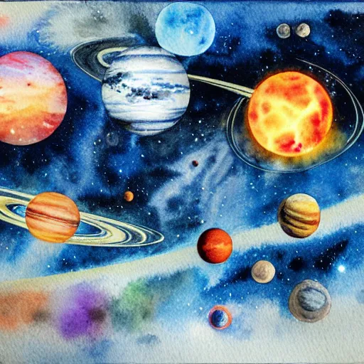 Prompt: planets colliding, space, stars, sun, earth, planets, explosions, nebula, galaxies, huge explosions in space, extreme detail, highly detailed watercolor art