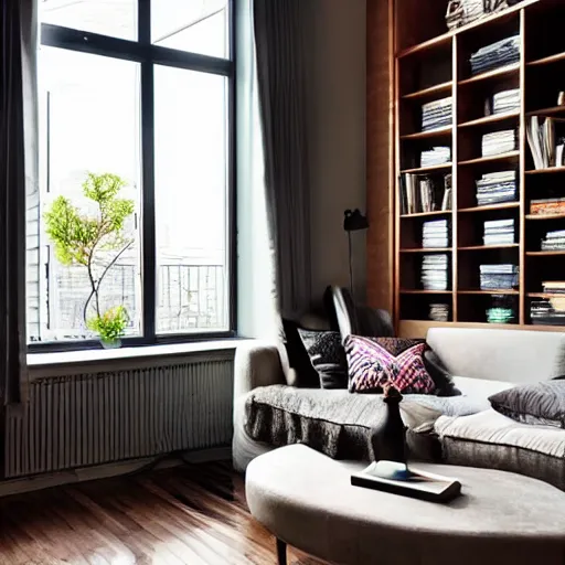 Prompt: no walls large award winning interior design apartment, dusk, cozy and calm, fabrics and textiles, colorful accents, secluded, many light sources, lamps, hardwood floors, book shelf, couch, desk, balcony door, plants, photograph magazine, wide angle