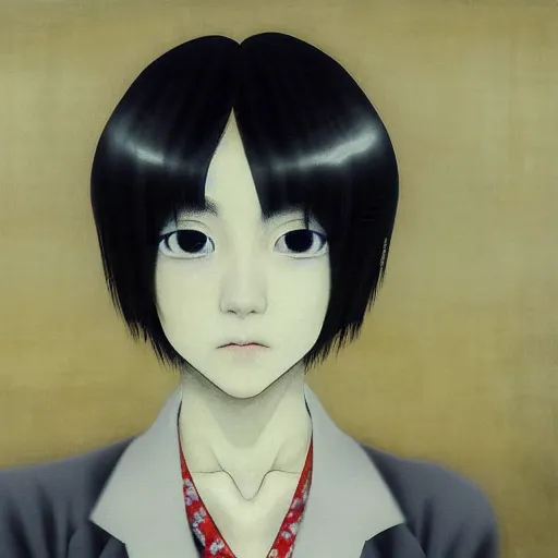 Image similar to yoshitaka amano blurred and dreamy realistic three quarter angle portrait of a young woman with short hair and black eyes wearing office suit with tie, junji ito abstract patterns in the background, satoshi kon anime, noisy film grain effect, highly detailed, renaissance oil painting, weird portrait angle, blurred lost edges