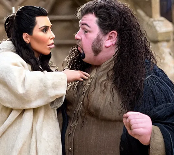 Image similar to a movie still of kim kardashian kissing hagrid in the movie harry potter