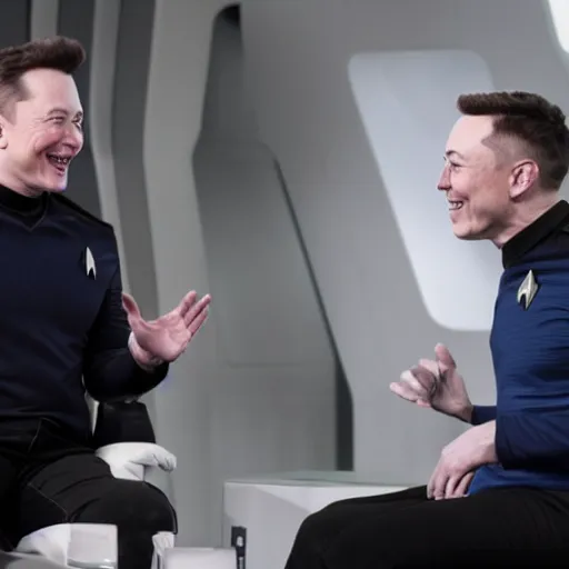 Prompt: Star Trek Episode of Elon Musk talking to Jeff Bezos, laughing, photograph