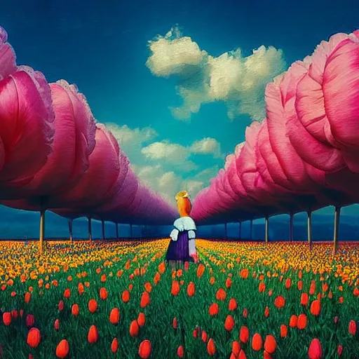 Image similar to giant tulip head dutch girl, surreal photography, flower field, sunset dramatic light, impressionist painting, colorful clouds, blue sky, digital painting, artstation, simon stalenhag