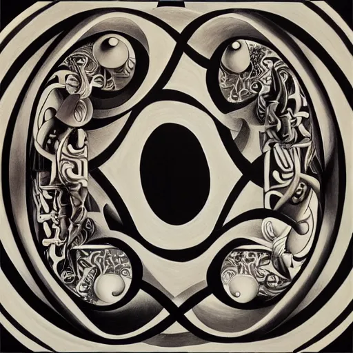 Prompt: A surrealist painting of a taoism yinyang, by MC Escher 4k, 8k, ultra realistic, complex, interlocked, trending on artstation