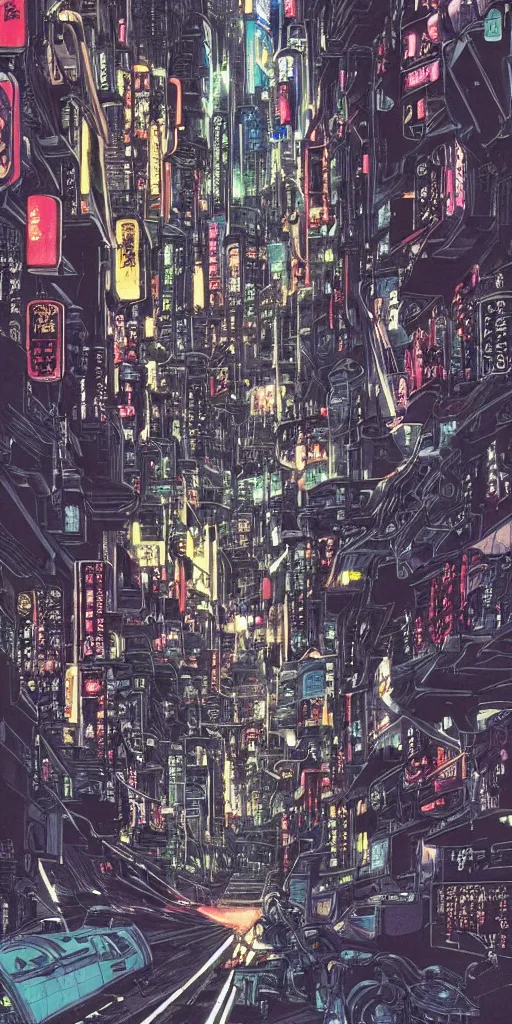 Image similar to beautiful and detailed anime drawing of an AKIRA-like cyberpunk city landscape with light trail from a motorcycle at the bottom and a bridge silhouette at the top, japan at night, 1980s, by Katsuhiro Otomo and mamoru oshii, wide angle, worm\'s eye view, grand, clean, colorful