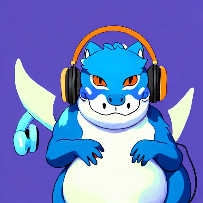 Prompt: a chubby anthropomorphic male blue dragon fursona, headphones on his head, cute, furry, oil on canvas, soft lighting