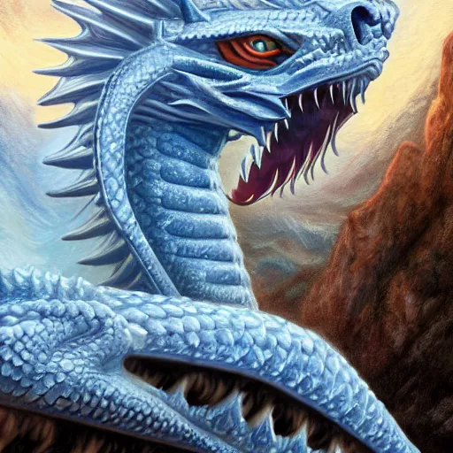 Image similar to a Blue eyed white dragon, epic background by Keith Thompson and Christopher Bretz, highly detailed, digital painting, HDRI, vivid colors, high contrast, 8k resolution, intricate, photorealistic, smooth