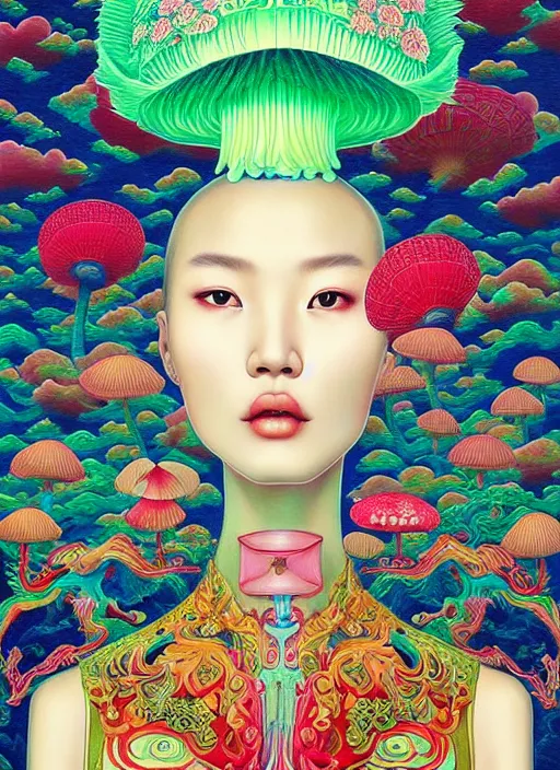 Image similar to pretty chinese model with hallucination mushroom : : by martine johanna and simon stalenhag and chie yoshii and casey weldon and wlop : : ornate, dynamic, particulate, rich colors, intricate, elegant, highly detailed, vogue, harper's bazaar art, fashion magazine, smooth, sharp focus,