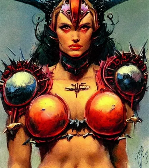 Prompt: portrait of strong female chaos angel, beautiful! coherent! by frank frazetta, by brom, strong line, vivid neon color, spiked metal armor, iron helm maximalist