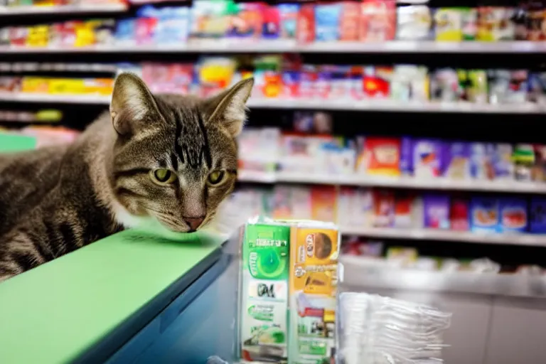 Image similar to cat on the counter in 7 - eleven next to a pack of cigarettes wide angle lens